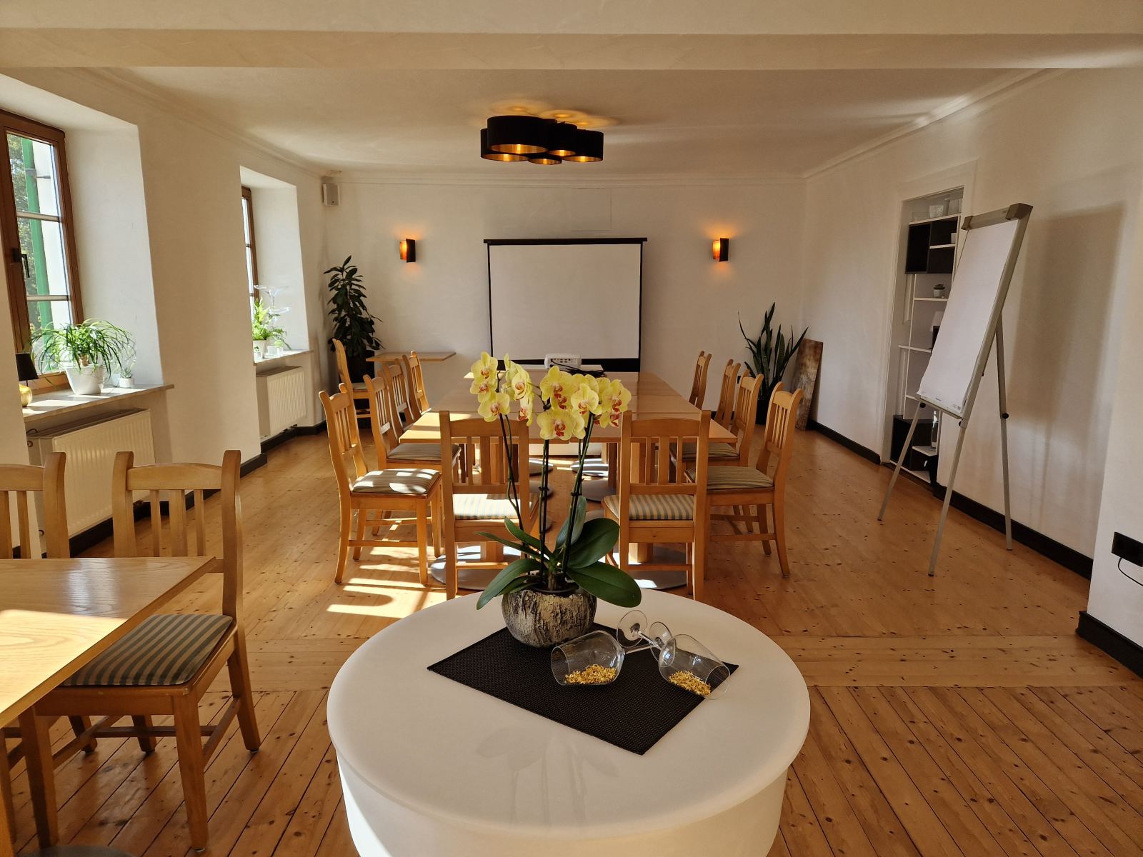 Nebenraum mit Leinwand und Flipchart für Besprechungen
