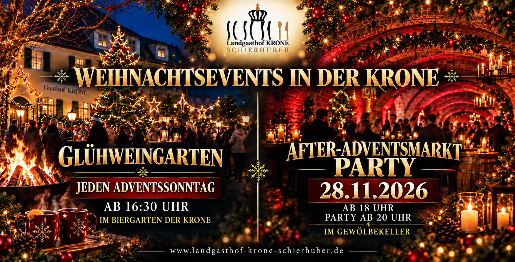 Weihnachtsevents in der Krone: Glühweingarten jeden Adventssonntag ab 16:30 Uhr im Biergarten · After-Adventsmarkt-Party am 28.11.2026 ab 18 Uhr, Party ab 20 Uhr im Gewölbekeller
